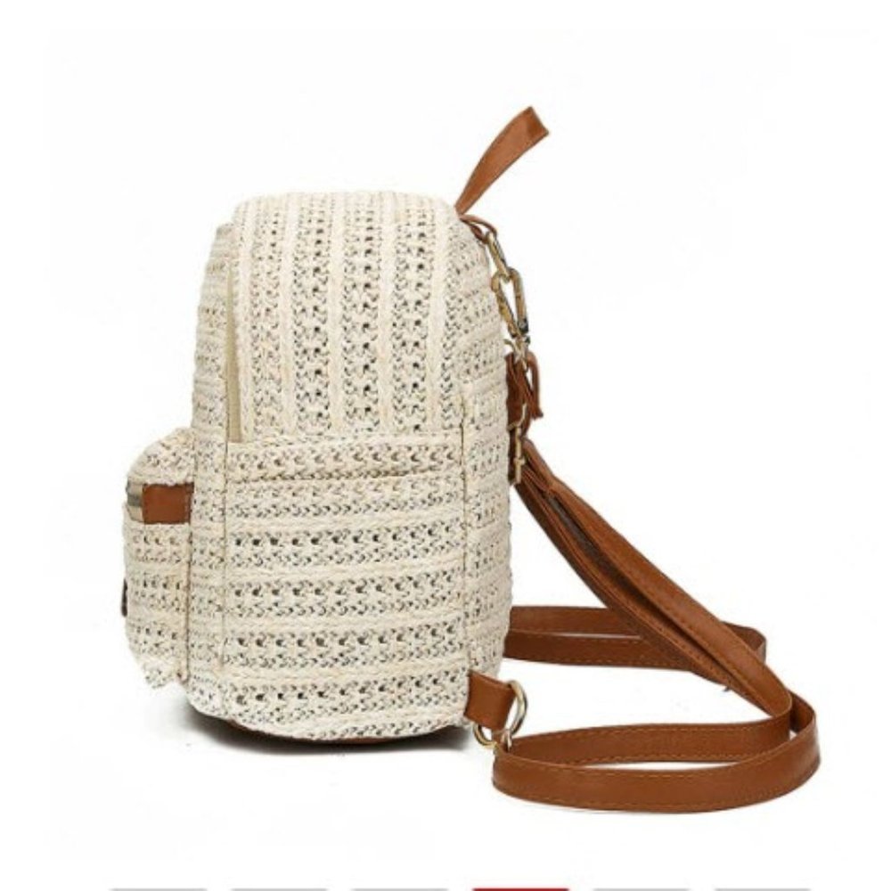 Boho Woven Straw Mini Backpack – Neutral Crochet w/ Brown Faux Leather - Picture 3 of 6